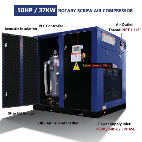 Heavy Duty 50 HP Rotary Screw Air Compressor Pump With Massive 219 CFM Flow Rate And 125 PSI Max Pressure Runs On 460 Volt 3 Phase 60Hz Motor For Industrial Workshop Jobs That Need Serious Power
