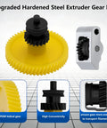 Heavy Duty Hardened Steel Extruder Gear Kit for P2S with Integrated Shaft Design, yellow gear, and aluminum lever close-up