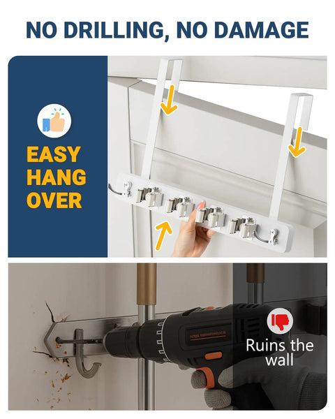 Over The Door Broom And Mop Holder With 4 Slots And 4 Hooks Rustic Wood Door Mount Organizer No Drill Easy Install With Non Scratch Pads