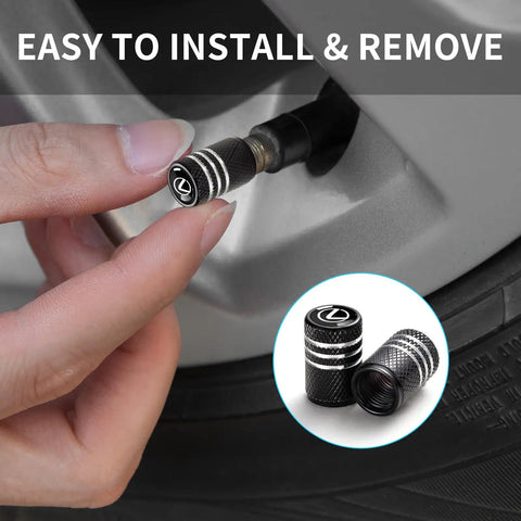 Lexus Tire Valve Stem Cap Covers Aluminum Alloy 4 Pack showing installation on a car tire valve stem, highlighting easy installation.