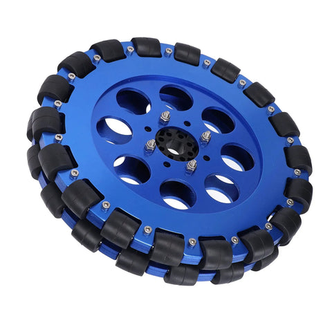 Blue 8-inch omni wheel with aluminum alloy hub and black rubber rollers around the rim; front view.
