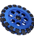 Blue 8-inch omnidirectional wheel with aluminum hub and silicone rollers for robot DIY projects