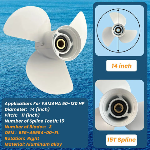 Yamaha Outboard Propeller 14X11 Aluminum 3 Blade Right Rotation 15 Spline Hub Fits 50-130HP Boats Motors OEM 6E5 45954 00 EL