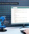 Awesome 6DOF Robotic Arm Kit With Six Servos, Arduino Compatible, ESP32 Controller, shown on desk with open source code on screen.