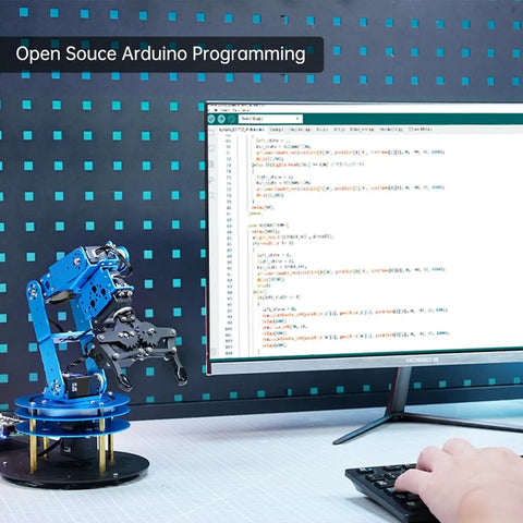 Awesome 6DOF Robotic Arm Kit With Six Servos, Arduino Compatible, ESP32 Controller, shown on desk with open source code on screen.