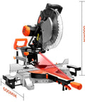 12 Inch Sliding Compound Dual Bevel Miter Saw With Laser Guide And LED Light Extension Table 15 Amp Power Beefy Cutting Capacity Includes 40T And 120T TCT Blades For Precise Smooth Cuts, showing front view with laser guide.