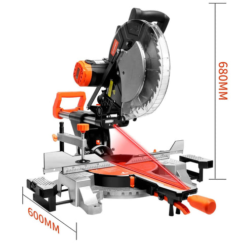 12 Inch Sliding Compound Dual Bevel Miter Saw With Laser Guide And LED Light Extension Table 15 Amp Power Beefy Cutting Capacity Includes 40T And 120T TCT Blades For Precise Smooth Cuts, showing front view with laser guide.
