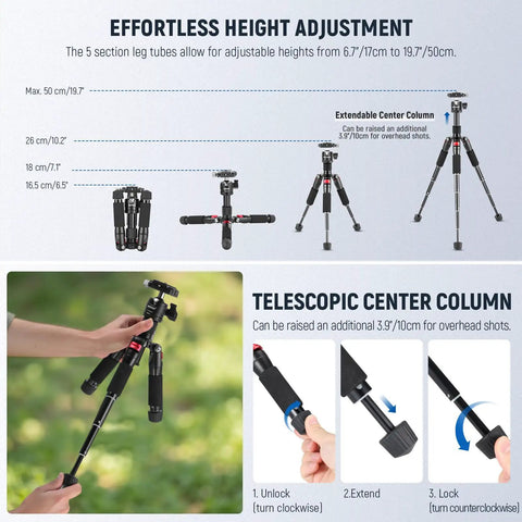Compact Portable Travel Mini Tabletop Tripod With 360 Degree Ball Head Aluminum Desk Tripod for DSLR cameras showing height adjustment steps