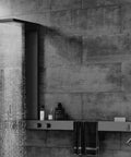 Wall-Mounted Luxury Thermostatic Shower System with Storage Rack & Towel Bar featuring rain shower head and storage rack.