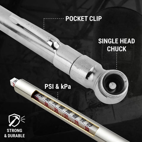 High Pressure Car Tire Gauge With Pencil Style Tread Depth Meter Built In Deflator Valve One Sixteenth Inch Increments Durable Brass Construction Measures Psi And Kpa For Quick Accurate Readings close-up with pocket clip and indicator bar.