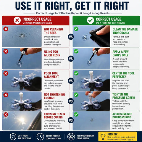 Comparison guide on correct and incorrect usage of a DIY Windshield Repair Kit For Chips And Cracks Fast Fix With Deep-Penetrating Resin