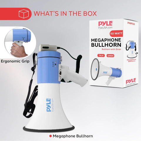 Portable PA Megaphone With Built In Siren 50 Watt Power Adjustable Volume 1600 Yard Range Lightweight Ergonomic Grip