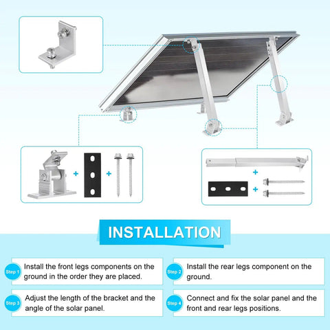 Installation process of Adjustable Solar Panel Tilt Mount Brackets Kit Aluminum Alloy showing components and assembly steps.