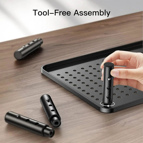 Close-up of the Dual Monitor Desk Stand With Height Adjustable Riser Laptop And Monitor Stand components being assembled without tools.