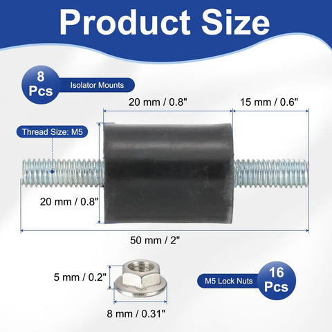 Heavy Duty Rubber Isolator Mounts 20x20mm M5 Thread Pack Of 8 With Lock Nuts For Vibration Dampening Anti Vibe Mounts For Motors Air Compressors And Engines 50mm Height Keeps Things Quiet And Running Smooth, size diagram