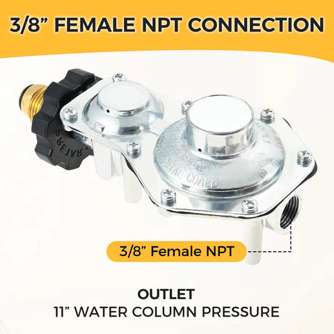 Amazon DRELD 2-stage propane regulator with 3/8-inch female NPT and POL connectors; chrome body for RVs and grills
