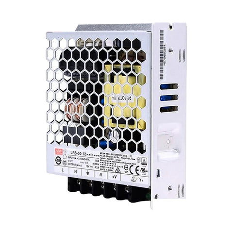 Rock Solid 12V 4.2A 50W Industrial Power Supply, compact metal unit with honeycomb cover for efficient operation.