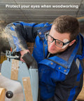 Man wearing slip on side shields for prescription glasses using a saw, eye protection in woodworking environment