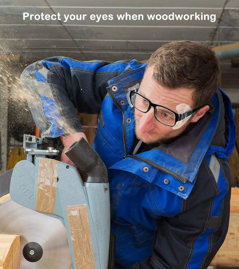 Man wearing slip on side shields for prescription glasses using a saw, eye protection in woodworking environment