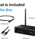 XLR Bluetooth Receiver V5.1 with LDAC and aptX HD, Built In ESS DAC, showing main unit, Bluetooth antenna, TOSLINK and USB C cables