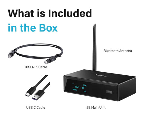 XLR Bluetooth Receiver V5.1 with LDAC and aptX HD, Built In ESS DAC, showing main unit, Bluetooth antenna, TOSLINK and USB C cables