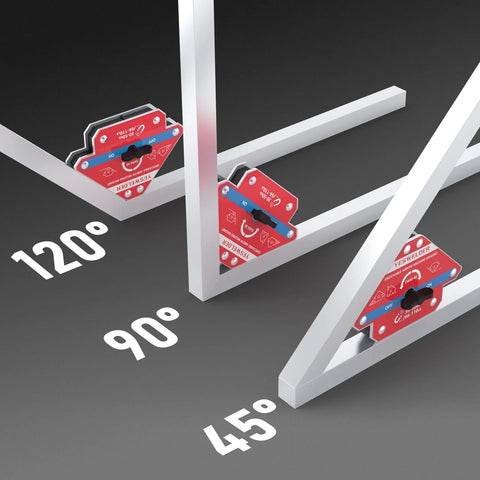 YesWelder switchable arrow welding magnets, 2 pcs, red with blue toggle, installed on steel frame