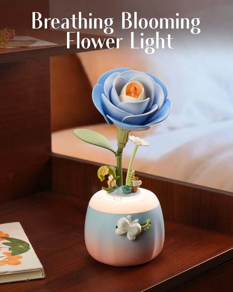 Starry Camellia Lamp DIY 3D Flower Night Light Kit With 73 Laser Cut Pieces For Bedroom Decor Mesmerizing Blooming Motion Powered By A Gentle 5 RPM Motor A Dope Home Accent And Creative Gift For Adults Women Teens. Blue 3D flower night light on white base
