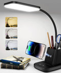 Lit Desk Lamp With Built In Wireless Charger And Pen Holder, Dimmable LED Desk Light For Home Office Or Dorm in black with various color modes.