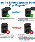 Instructions on how to safely separate Heavy Duty 1.42 Inch Neodymium Cup Magnets With Holes For Wall Mounting, Waterproof And Rust Resistant, 150lb Plus Lifting Power, Screws Included, Black Round Base Discs, 6 Pack For Tools And Hanging. Correct and incorrect methods illustrated.