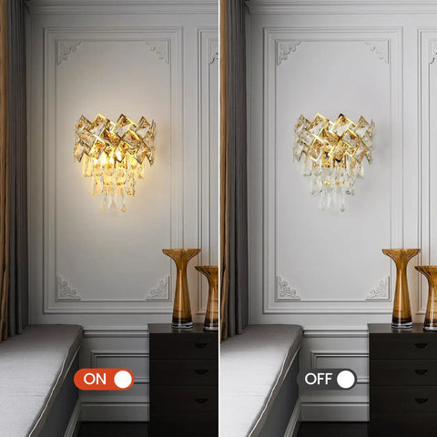 Luxury Gold Wall Sconce With Crystal K9 Accent For Living Room Bedroom Bathroom Hallway Modern Gold Wall Light Fixture With Stainless Steel Frame And Clear Gray Crystals Lit Ambient Vibe