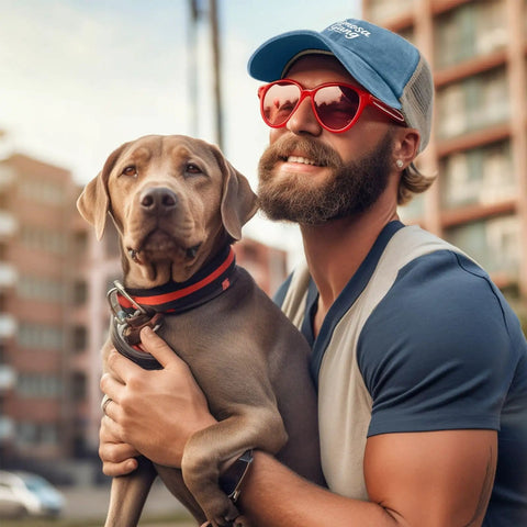 Man wearing a Dope Lightweight Cotton Baseball Cap Bundle For Men And Boys, Lake Blue Plus Extra Colors, holding a dog.