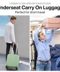 Traveler with lightweight underseat carry-on luggage in green and pink, showcasing convenient fit under airplane seats. Ideal for short trips.
