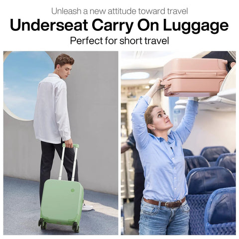 Traveler with lightweight underseat carry-on luggage in green and pink, showcasing convenient fit under airplane seats. Ideal for short trips.