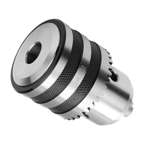 Pro Grade MT2 Drill Chuck 1/32 to 5/8 Inch for Lathe and Drill Press, shown in close-up, steel, corrosion resistant finish.