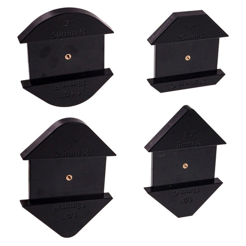 Corner Radius And Chamfer Router Jig With 8 Slick Profiles, showing four black templates for 1/4 to 2 inch cuts