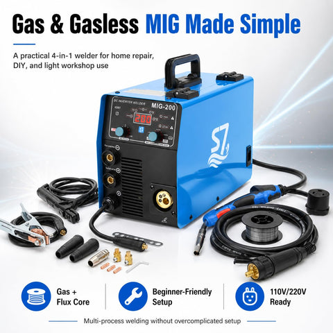200 Amp MIG Welder 110V 220V 4 In 1 Gas MIG Flux Core Lift TIG And Stick Welding Machine With accessories on display