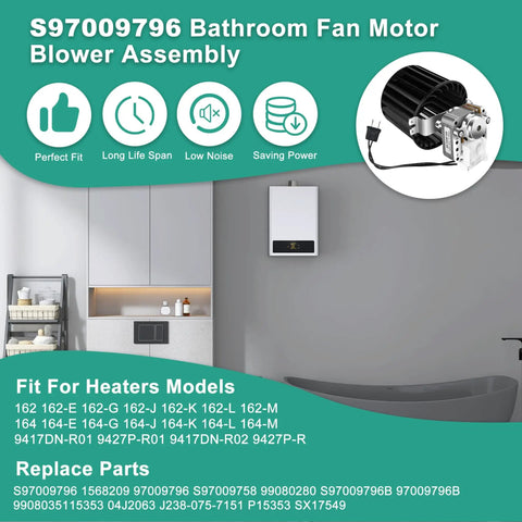 Beefed Up Bathroom Fan Motor Blower Assembly for Broan NuTone Ceiling Heaters in bathroom setting with product details.