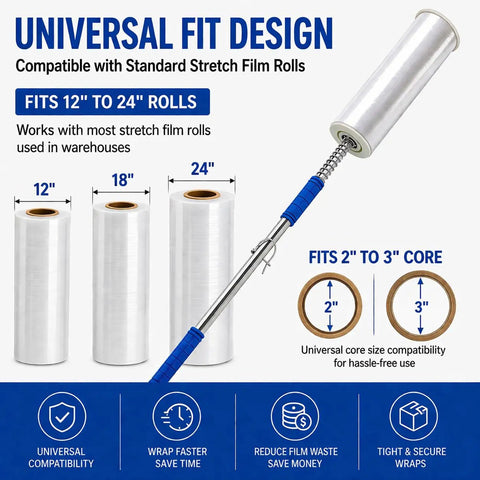 Heavy Duty 48 Inch Stretch Film Dispenser Pole Holder Long Handle For Easy Pallet Wrapping with 12 to 24 inch rolls