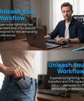 Person using Beefy 4TB Portable SSD USB-C External Solid State Drive Metal Build with laptop, another putting it in pocket