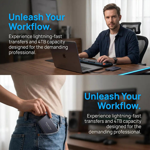 Person using Beefy 4TB Portable SSD USB-C External Solid State Drive Metal Build with laptop, another putting it in pocket