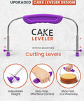 Front view of purple-handled aluminum cake leveler with adjustable-height wire guides for even cake layers.