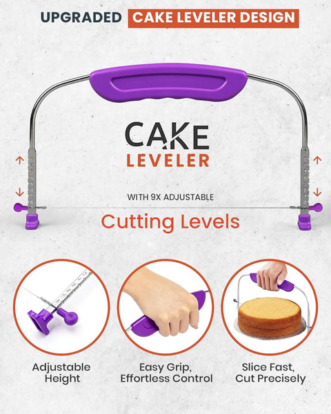 Front view of purple-handled aluminum cake leveler with adjustable-height wire guides for even cake layers.
