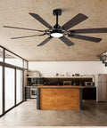 Large Ceiling Fan with Light in modern kitchen, featuring black finish, 8-blade design, and dimmable lighting.