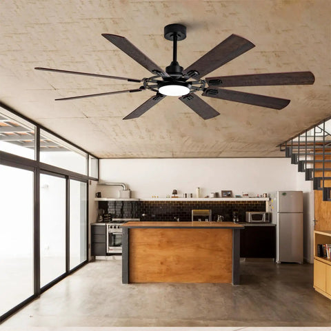 Large Ceiling Fan with Light in modern kitchen, featuring black finish, 8-blade design, and dimmable lighting.