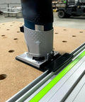 Guide Rail Adapter Compatible With Bosch Colt 1Hp Router For Track Saw Systems on a workbench, showing precision alignment and setup.