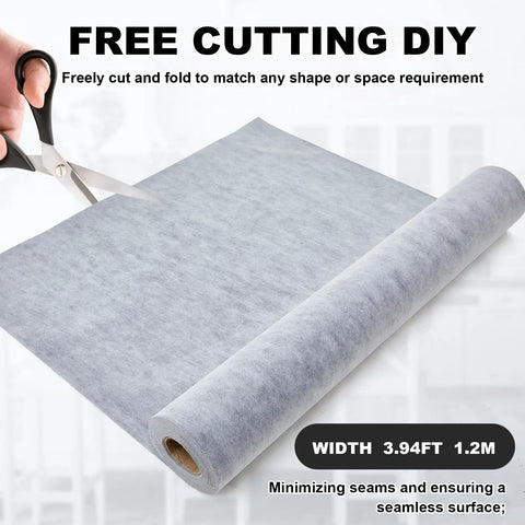 Heavy Duty Waterproof Membrane Roll For Showers And Saunas With Solid PE Fabric Underlayment Coating 452 Sq Ft Coverage shown being cut with scissors.