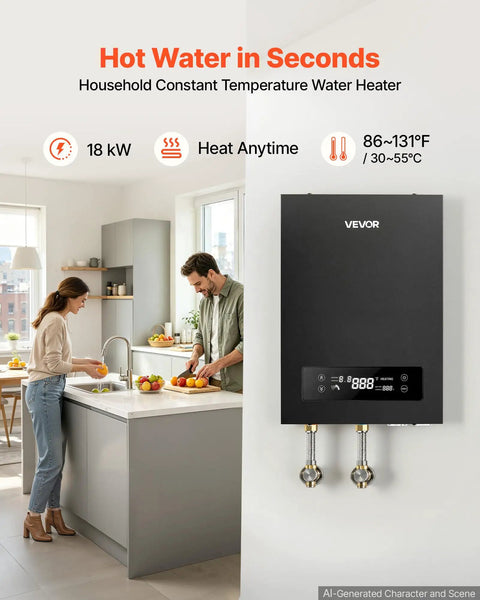 Straight Up Zero Wait Tankless Electric Water Heater 240 Volt 18 Kilowatt Instant On Demand Hot Unit with sleek design in kitchen.
