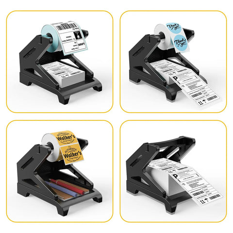 Thermal Label Holder For Rolls And Fan Fold Labels Desktop Label Dispenser For Thermal Printers Office And Home Must Have Wide Compatibility With Roll Labels Up To Four Point Seven Six Inch Wide And Six Inch Outer Diameter Black, black desktop stand with thermal label rolls