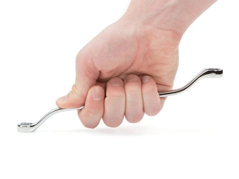 Hand holding One Half By Nine Sixteenths Inch 45 Degree Offset Box End Wrench With 12 Point Openings Built To Handle Tight Spots And Obstructions Model WBE23313 Ready To Roll
