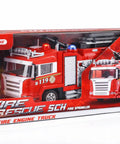 RC Rescue Fire Engine Toy Truck With Lights And Sounds in retail packaging, includes Real Working Water Cannon Pump That Sprays 10 Feet